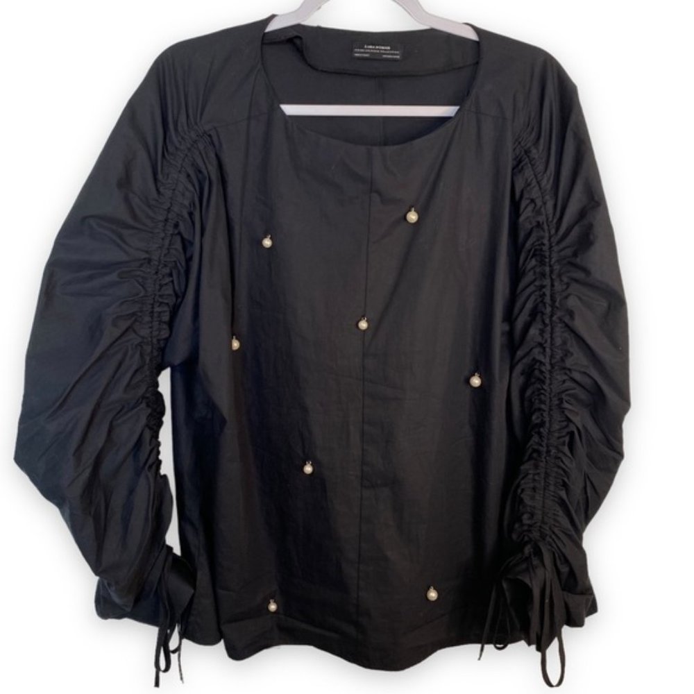 Zara woman premium denim collection black cotton shirt with pearls - Siz…